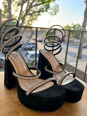 Windsor Black Platform Spiral-Strap Heels with Rhinestone Trim